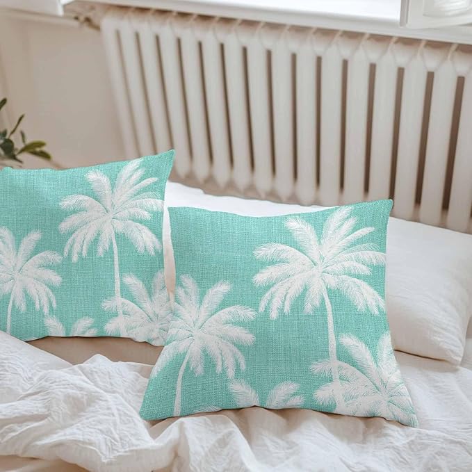 Outdoor Pillow Covers 26x26 Inch Set of 2, Teal Palm Trees Waterproof Throw Pillow Covers, Farmhouse Tropical Summer Beach Decorative Cushion Pillowcases for Couch, Sofa, Bed, Garden, Patio