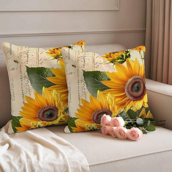 Throw Pillow Covers 18x18 Inch Set of 2, Yellow Sunflowers Waterproof Outdoor Cushion Covers, Country Vintage Botanical Floral Decorative Pillowcases for Couch, Sofa, Bed, Garden, Patio