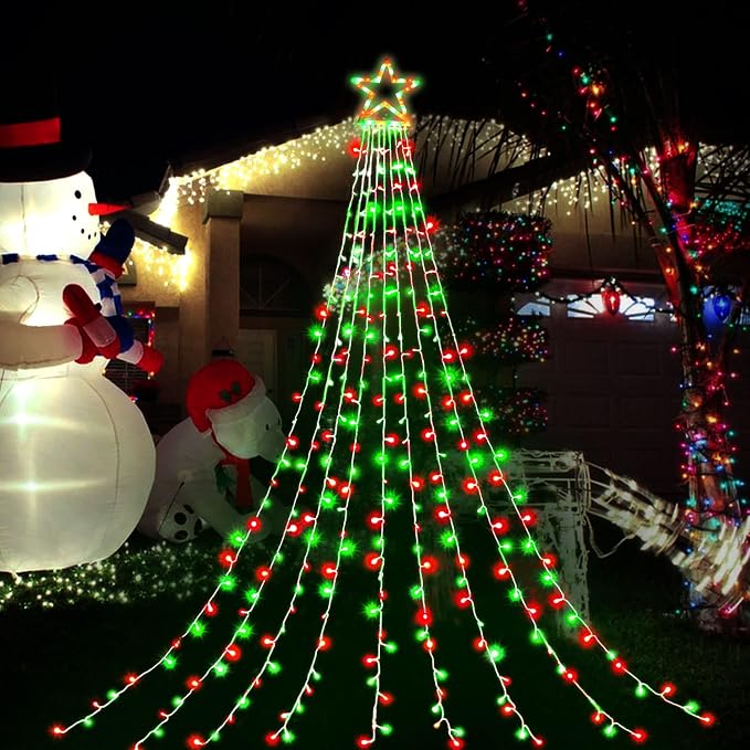 Christmas Decorations, Outdoor Christmas Lights, 320 LED Outdoor Christmas Tree String Lights with 12" Star Toppers [8 Modes& Waterproof] for Xmas New Year Holiday Decor (Red & Green)