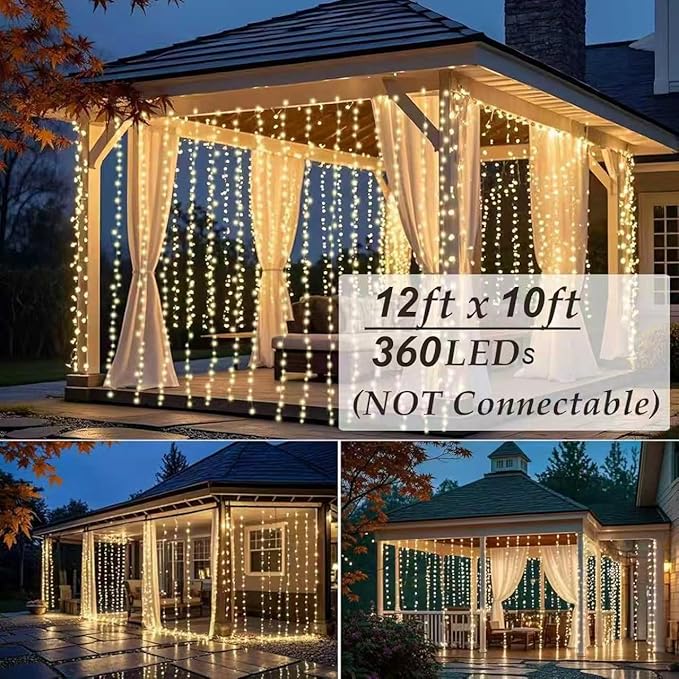 Solhice LED Curtain Lights Outdoor 12ft x10ft, 360 LED Plug in Hanging String Lights Indoor Bedroom, Twinkle Light Backdrop for Outside Wedding Decor, Warm White (Not Connectable)