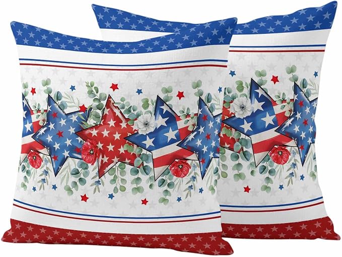 Independence Day Star Outdoor Pillow Covers 16"x16" Set of 2, Waterproof Throw Pillow Covers for Patio Furniture, Farm Red Blue White Star Eucalyptus Leaves Decorative Cushion Covers for Porch
