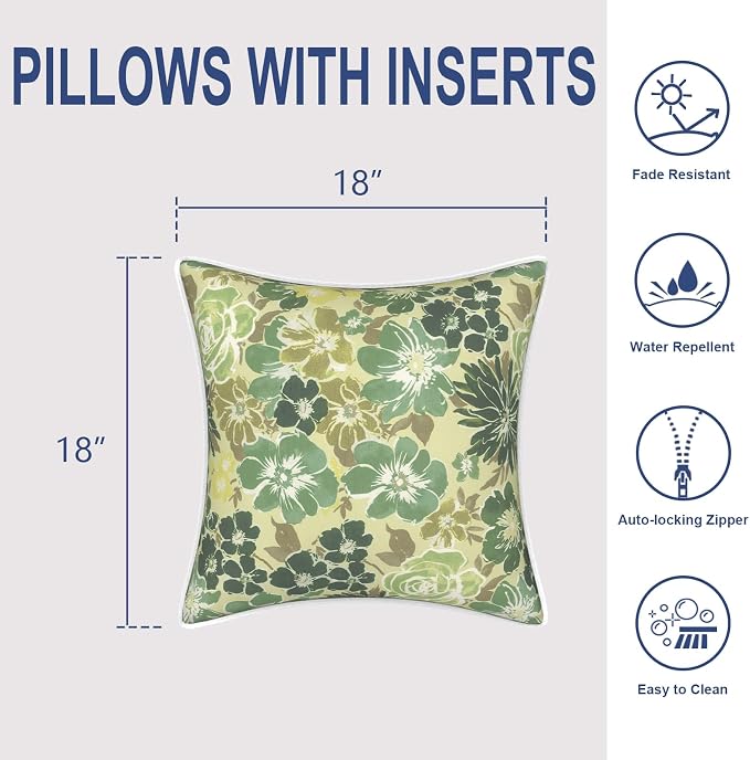 Outdoor Throw Pillows Inners, Fade Resistant Patio Furniture Square Pillows with Piping Set of 2 for Patio Furniture, 18x18 Inch, Green Rose