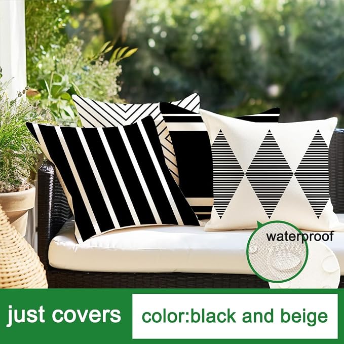 Outdoor Pillows Covers 20x20 Waterproof,Black and Beige Set of 4(No Insert) | for Covered Patio Furniture Couch Sunbrella,No Insert Just Covers,Durable Polyester,Fit 20x20 inch Inserts or Smaller,Boho