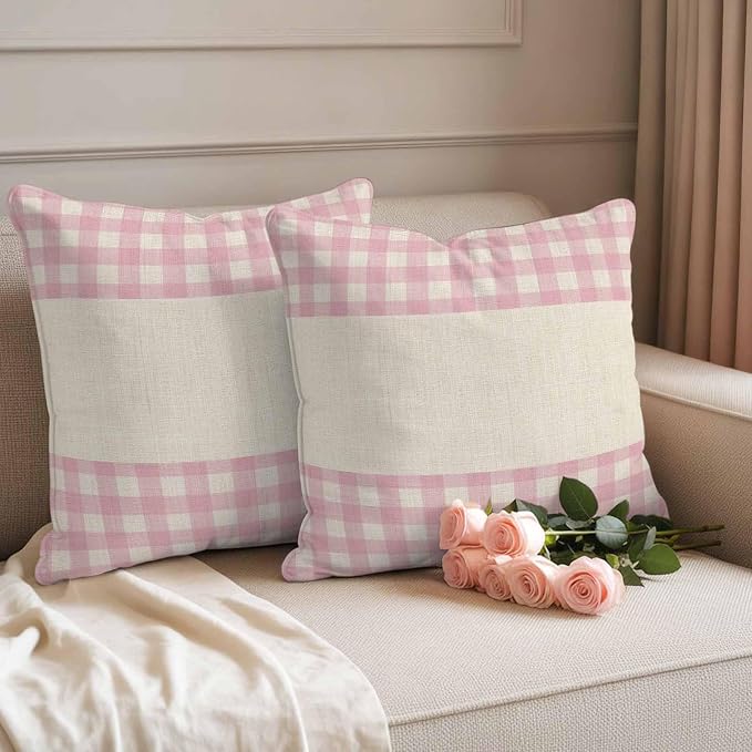 Retro Pink Outdoor Waterproof Pillow Covers, Farmhouse Buffalo Plaid Vintage Beige Decorative Square Throw Pillowcase Sofa Cushion Sham for Patio/Couch/Chair, 18"x18" 2 Pack