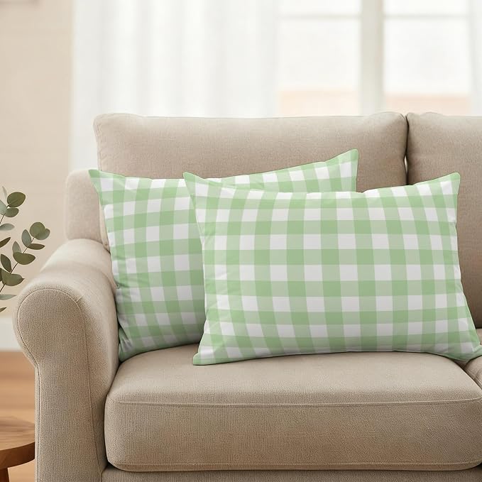 Mint Green Checks Outdoor Pillow Covers 20"x12" Set of 2, Gingham Plaid Abstract Modern Minimalist Waterproof Throw Pillow Covers for Patio Furniture, Decorative Cushion Covers for Porch