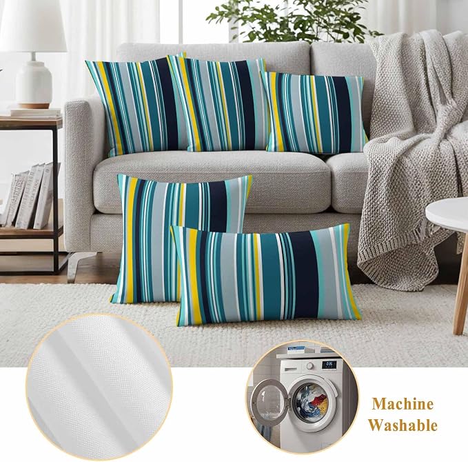 Teal Yellow Stripes Outdoor Pillow Covers Set of 2 Lines Art Waterproof Throw Pillow Cover Decorative Cushion Cases for Patio Porch Garden 26X26 Inch