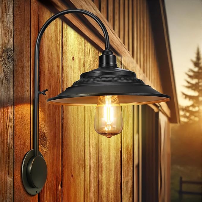 Solar Barn Lights Upgrade, 2PCS Waterproof Wall Light Fixture, Rustic Vintage Metal Gooseneck Solar Wall Mount Lights with Gold Interior, for Outdoor Barn Shed Garage Porch (Black)