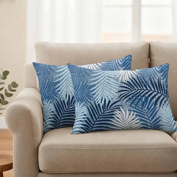 Outdoor Waterproof Throw Pillow Covers, Navy Blue Palm Leaves Decorative Pillow Cases, Summer Botanical Tropical Leaf Couch Pillow Protector Patio Sofa Cushion Covers Replacement 20"x12" 2 Pack