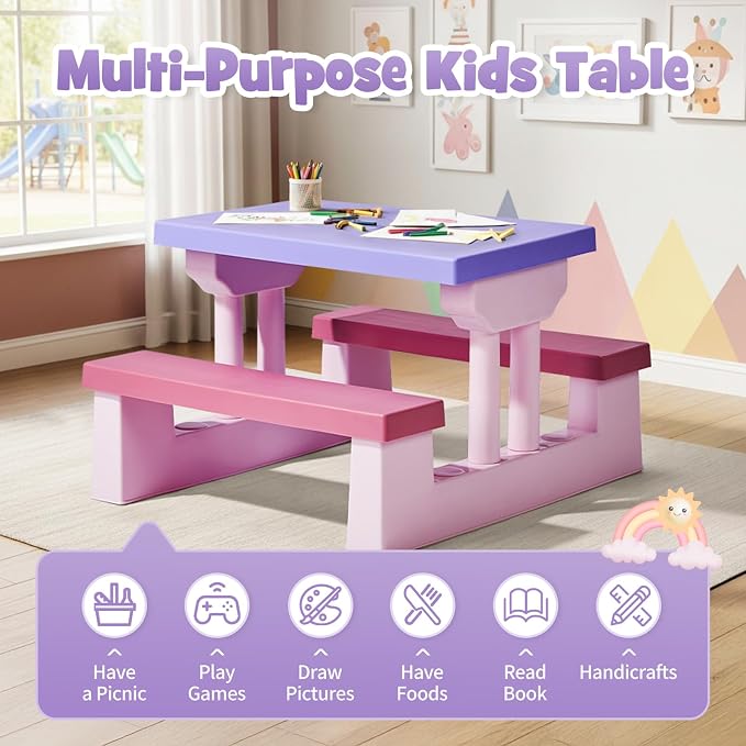 Kids Table and Chair Set, Toddler Plastic Outdoor Table & Bench Set with Removable Umbrella, Children Picnic Table Fits 4 Children for Backyard Garden, Pink & Purple