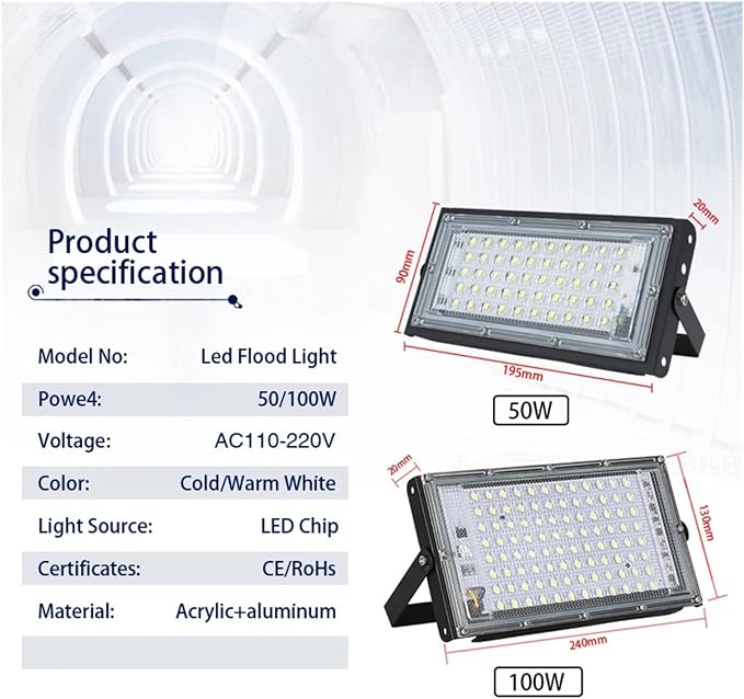 LED Flood Light Spotlight 100W 50W Outdoor Waterproof Reflector Floodlights Street Wall Lamp Garden Lighting(4pcs,Cool White_100W)