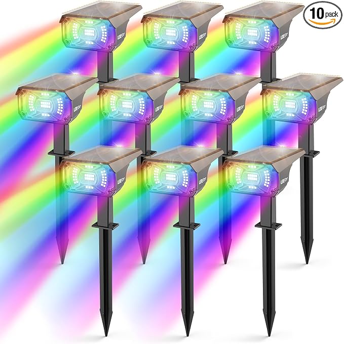 LEREKAM Solar Spot Lights Outdoor Color Changing, IP65 Garden Lights Solar Powered Waterproof with 9 Light Modes, Colored Landscape Lighting Auto On/Off, for Garden Pool Area Pond Yard, 10 Pack