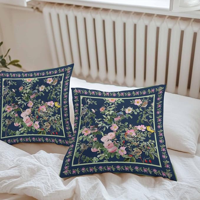 Vandarllin Outdoor Throw Pillows Covers 26x26 inch Set of 2 Waterproof Pink Floral Bird Decorative Zippered Cushion Covers for Patio Furniture, Green Leaves Branches Navy Blue Lumbar Pillowcases