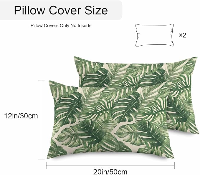 Green Tropical Leaves Waterproof Outdoor Pillow Covers Set of 2 Home Decor, Farmhouse Summer Leaf Plants Pillowcase Patio Pillow Covers for Couch Bench Furniture Garden 20x12in