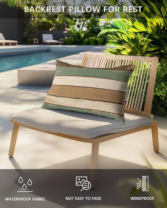 Chucoco Outdoor Head Pillow with Adjustable Elastic Strap, Rustic Green Brown Beige Stripes 1 Pack Waterproof Headrest Cushion Pillows for Balcony/Garden/Beach/Pool Chair Recliners Wood Barn