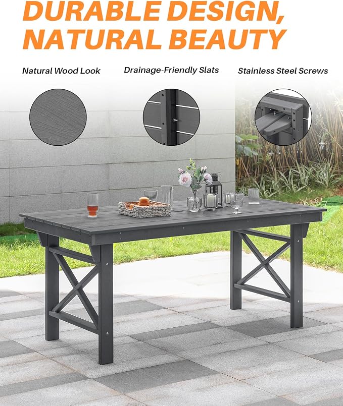 HDPE Outdoor Dining Table, 66.9” Rectangle Patio Dining Table for 6, All-Weather HDPE Outdoor Table with 2.2” Umbrella Hole, HDPE Patio Furniture for Deck, Backyard, Garden, Pool, Smoke Gray
