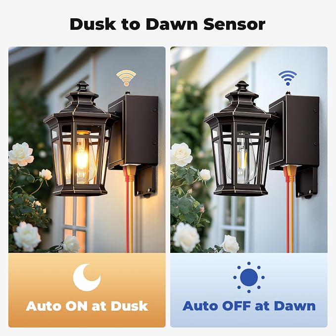 Gleamz 2-Pack ORB Dusk to Dawn Outdoor Lighting with GFCI Outlet, Outside Wall Lights with Gold Trim, Aluminum Exterior Lighting Fixtures Wall Mount, Waterproof Modern Exterior Coach Light Fixtures