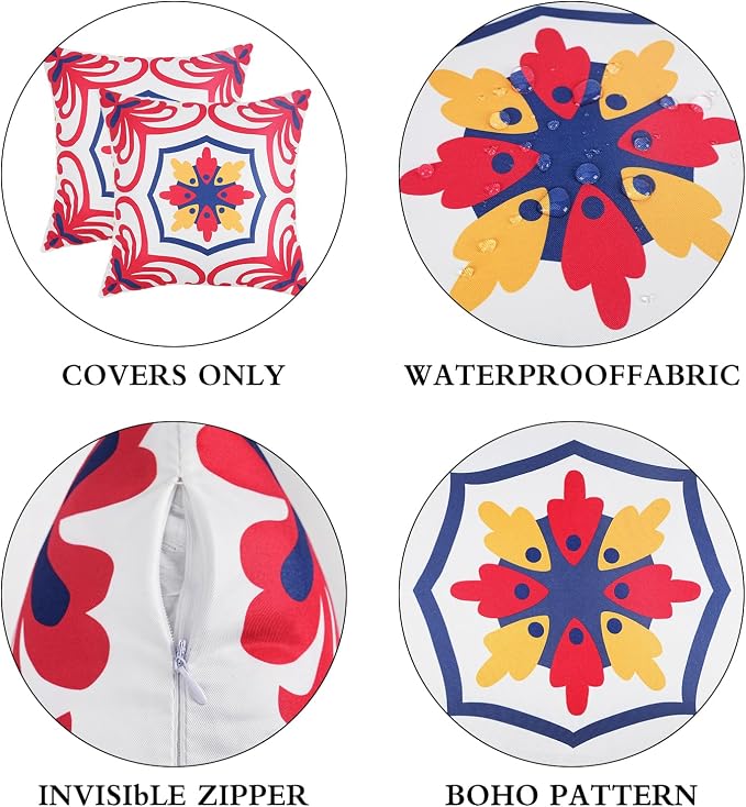 Pyonic 4th of July Outdoor Pillows Waterproof Throw Pillow Covers Set of 4 Red Blue White Floral Printed Patriotic Outdoor Pillow Covers for Patio Funiture Garden 18x18 Inch-Double Side