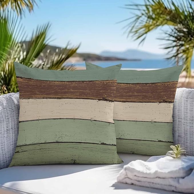Vandarllin Outdoor Throw Pillow Covers 24X24 Set of 2 Waterproof Sage Green Brown Decorative Zippered Cushion Covers for Patio Furniture, Farmhouse Retro Rustic Barn Wood Texture Lumbar Pillowcases