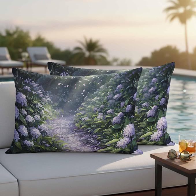 Purple Floral Outdoor Waterproof Throw Pillow Covers Set of 2, 20"x12", Spring Landscape Scenery Nature Decorative Pillow Covers Outside Cushion Case for Patio Porch Garden