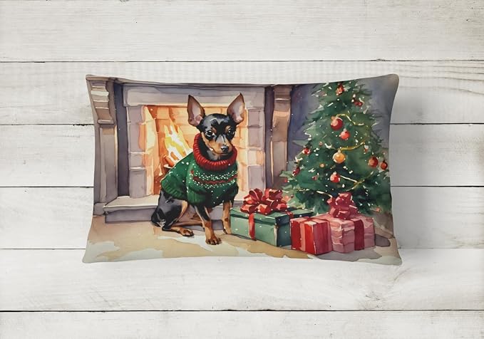 Caroline's Treasures DAC2705PW1216 Miniature Pinscher Cozy Christmas Throw Pillow Machine Washable, Indoor Outdoor Decorative Pillow for Couch, Bed or Patio, 12HX16W