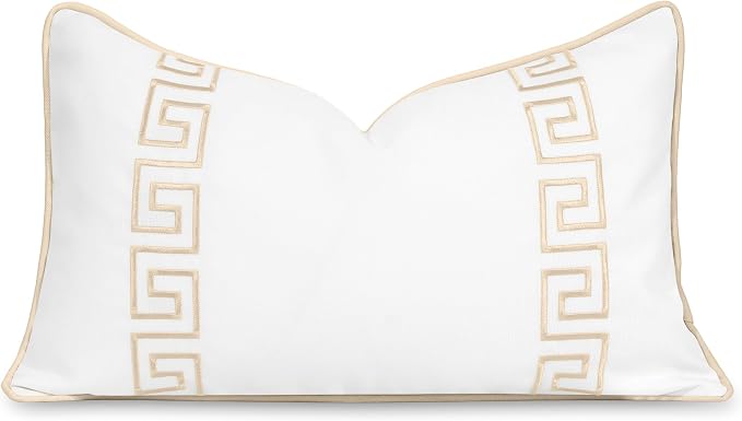 Hofdeco Premium Coastal Patio Indoor Outdoor Lumbar Pillow Cover Only, 12"x20" Water Repellent for Backyard, Couch, Neutral Tan Embroidered Greek Key with Piping