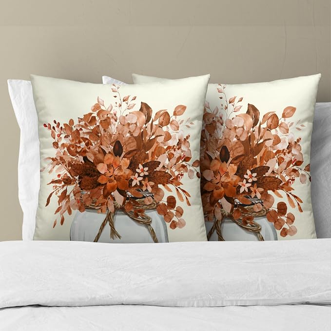 Fall Eucalyptus Throw Pillow Cover 18x18 Inch Set of 2, Autumn Leaves Branches Plants Farmhouse Decorative Cushion Pillowcase for Sofa Couch Livingroom Festival Thanksgiving Decor