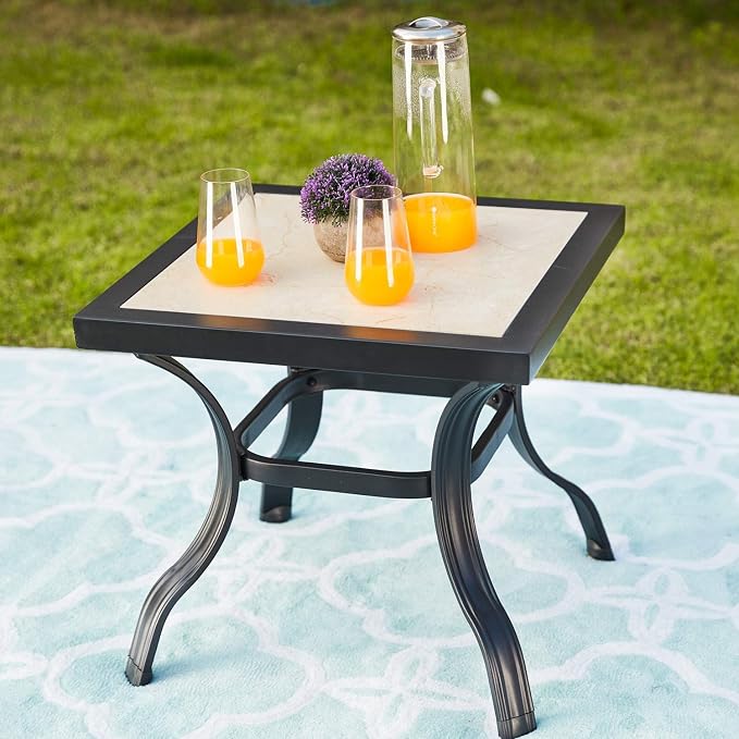 Festival Depot Metal Steel Outdoor Side Table Patio Bistro Square Dining Table Ceramics Top with Steel Legs (1pc Dining Table, Ceramics)
