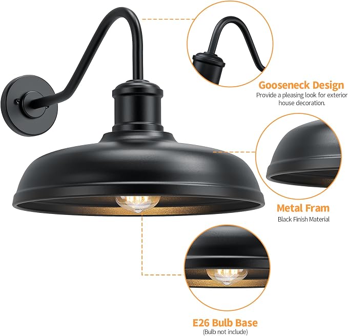 16'' Dome Large Gooseneck Barn Light Outdoor, Farmhouse Light, 2 Packs | Exterior Lighting Fixture, Industrial Outdoor Wall Sconce Outside Lantern for House, Porch, Garage, Black (No Sensor)