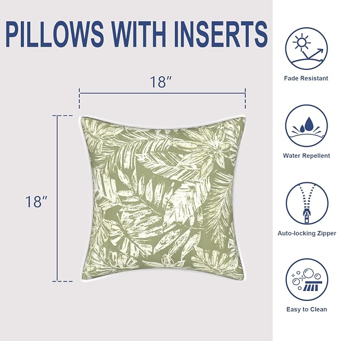 Outdoor Throw Pillows Inners, Fade Resistant Patio Furniture Square Pillows with Piping Set of 2 for Patio Furniture, 18x18 Inch, Tropical Leaf Green