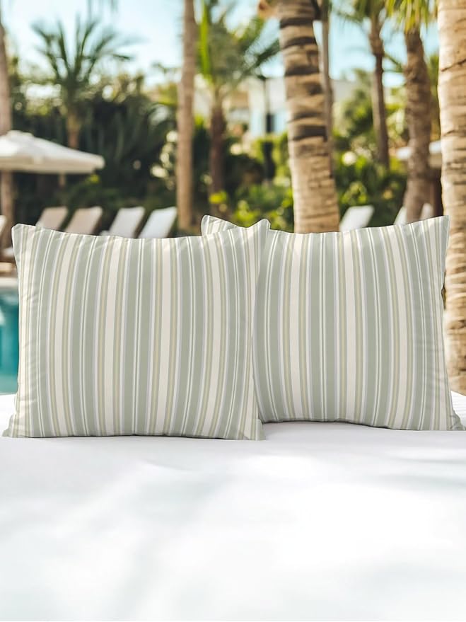 Waterproof Outdoor Pillow Set of 2 Sage Green Stripes Decorative Throw Pillows Cover & Insert 18x18 Inch Pillowcase White Lines Lines Square Pillows for Couch Sofa Bed Patio Furniture Indoor Outdoor