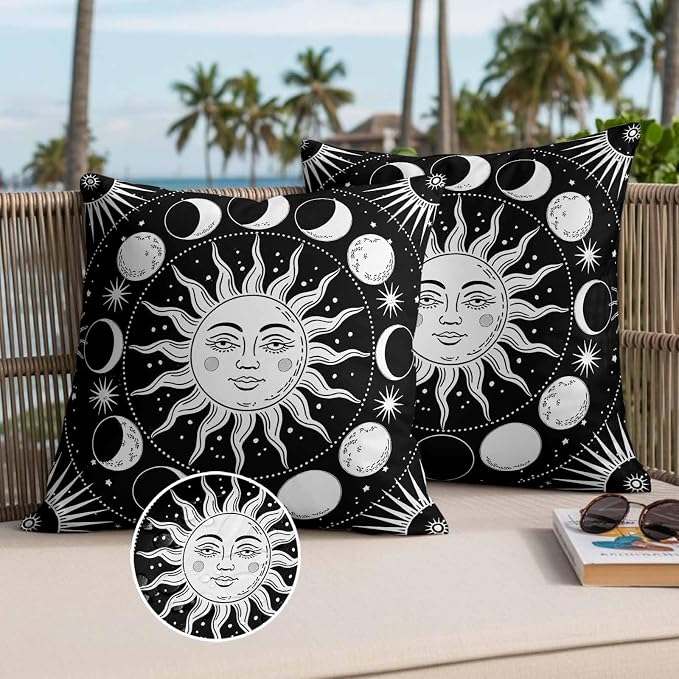 Celestial Sun and Moon Waterproof Outdoor Pillow Covers Set of 2 Home Decor, Black Starry Galaxy Boho Pillowcase Patio Pillow Covers for Couch Bench Patio Furniture Garden 18x18in
