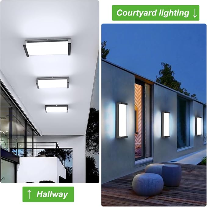 10%-100% Dimming LED Modern Outdoor Wall Light 2 Packs, 16in 6000K Dimmable Porch & Patio Wall Light Fixture,Black Aluminum&Dual PC Wall Lights for Garage Living Room Courtyard House(2Packs 6000K)