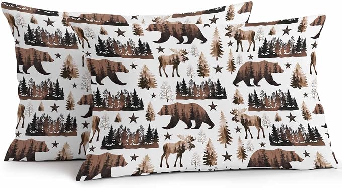 Brown Bear Elk Cabin Outdoor Pillow Covers 20x12 Inch Lumbar Pillow Covers Set of 2 Waterproof Decorative Throw Pillow Cases Farmhousee Pine Tree Forest Cushion Covers for Patio Furniture Garden Couch