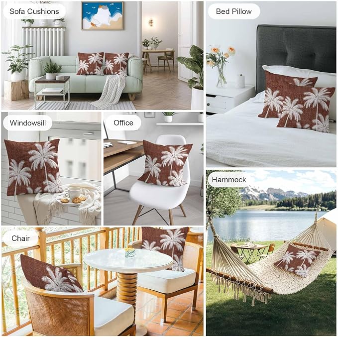 Outdoor Pillow Covers 20x20 Inch Set of 2, Brown Palm Trees Waterproof Throw Pillow Covers, Farmhouse Tropical Summer Beach Decorative Cushion Pillowcases for Couch, Sofa, Bed, Garden, Patio