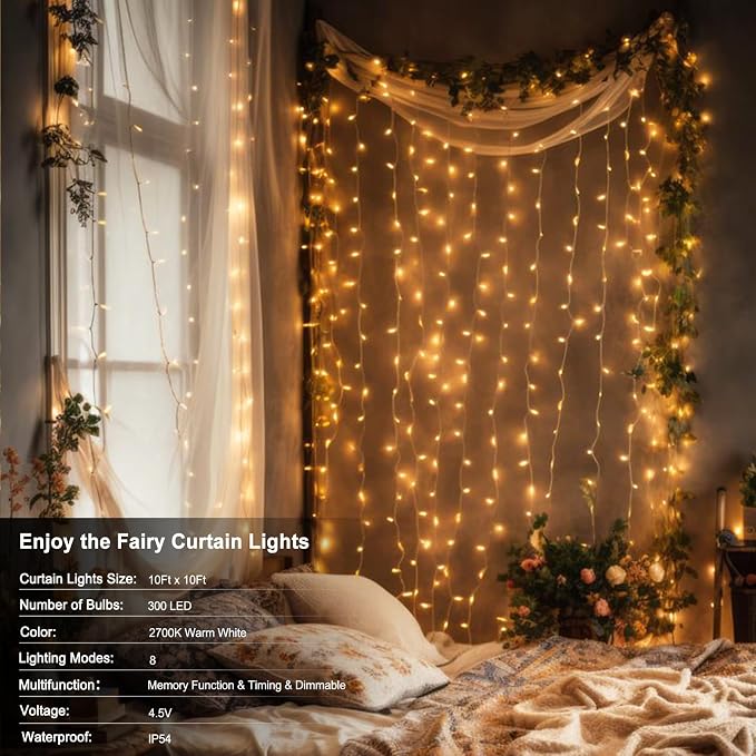 echosari 9.8ft×9.8ft Curtain Lights Battery Operated with Remote Warm White | 300 LED Hanging Light Timer Fairy Curtain Lights for Bedroom Patio Wedding Backdrop Party Decór