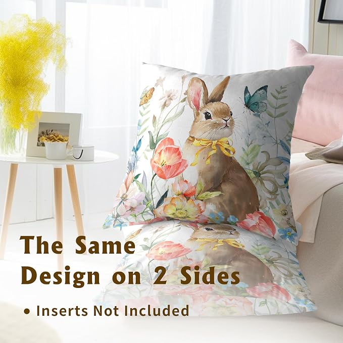 Spring Throw Pillow Covers - Watercolor Bunny in Flowers Cotton Pillow Cases Decorative for Easter Rabbit Decor Couch Sofa Bedroom Living Room 18x18 Inch Set of 2