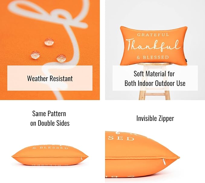 Hofdeco Porch Patio Indoor Outdoor Lumbar Pillow Cover ONLY for Backyard, Couch, Sofa, Grateful Thankful, 12inchx20inch, Orange (03-0411-13)