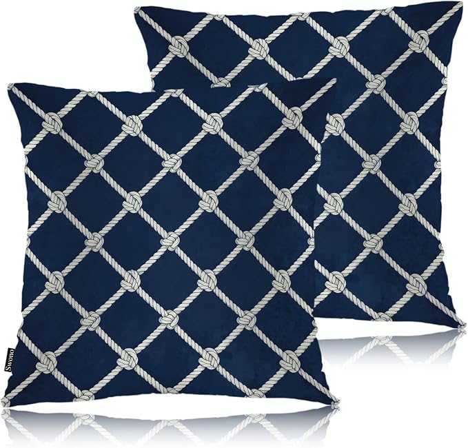 Swono Nautical Rope Throw Pillow Cases Pack of 2, Marine Fishing Net Knots Square Cushion Covers Decor Pillow Covers for Couch Sofa Home Decoration 18 X 18 Inches Pillowcases