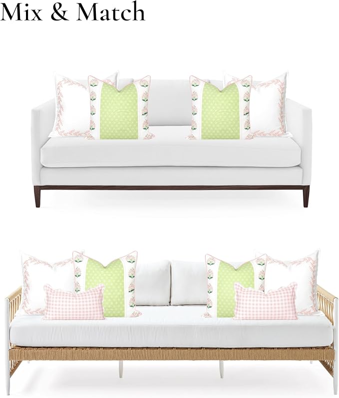 Hofdeco Premium Grandmillennial Patio Indoor Outdoor Throw Pillow Cover Only, 20"x20" Water Repellent for Backyard, Couch, Poolside, Blush Pink Embroidered Leaves Frame