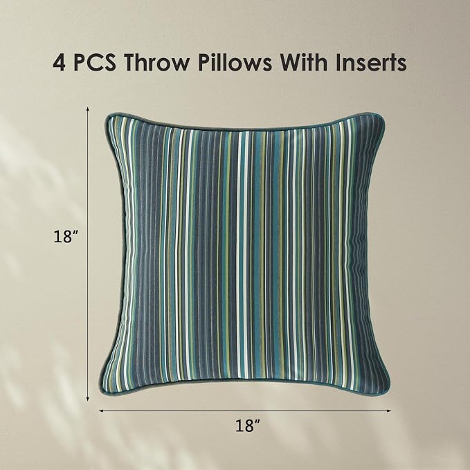 Unimatta Sunbrella Decorative Outdoor Water Repellent Throw Pillows with Inserts, Set of 4, 18" x18" Pillows for Patio, Backyard, Bed, Couch, and Patio Furniture, Beach Stripe Lagoon