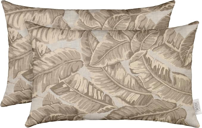 RSH DECOR: Sunbrella Lumbar Throw Pillows Set of 2 | 20" x 12" | Water and Fade-Resistant Fabric | Outdoor Pillow Covers with Down-Alternative Inserts | Made in USA (Tropics Linden Pebble)
