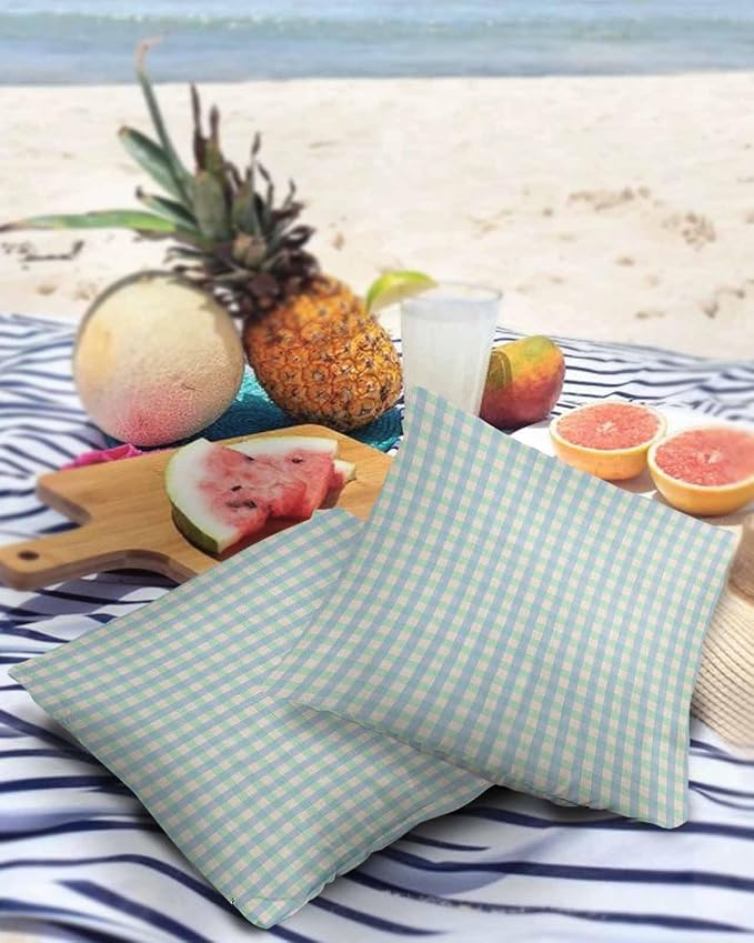 Outdoor Waterproof Throw Pillow Covers Set of 2 Buffalo Plaid Pillowcases 18x18 Inches Blue Linen Classic Checked Patio Decorative Pillows Cushion Case Patio Pillows for Couch Bed Chair Garden