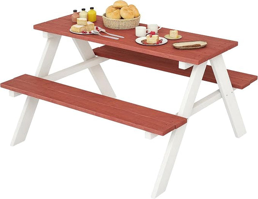 Outsunny Kids Picnic Table Set, Wooden Table & Bench Set, Kids Patio Furniture Outdoor Toys for Garden, Backyard, Aged 3-8 Years Old, Brown