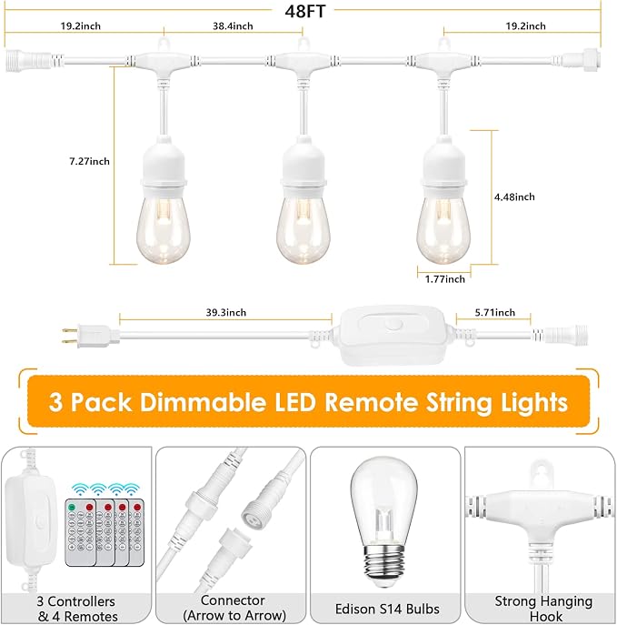 144FT(3x48FT) 3 Colors LED Outdoor String Light with Remote, White | Plug in, Jump/Fade/Static Modes, 2700K/4000K/5000K, 45+3 S14 Bulbs, Waterproof, Dimmable, Connectable, for Bistro Christmas
