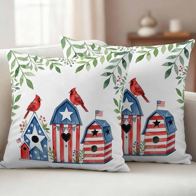 American Flag Bird House Outdoor Pillow Covers Waterproof, All Weather Cushion Case Set of 2, Green Eucalyptus Leaves 250th Decorative Pillowcases for Sofa Couch Bed Decor Patio Furniture 18"x18"