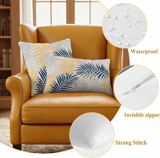 Outdoor Waterproof Throw Pillow Covers, Blue Yellow Palm Leaves Decorative Pillow Cases, Summer Botanical Tropical Leaf Couch Pillow Protector Patio Sofa Cushion Covers Replacement 20"x12" 2 Pack