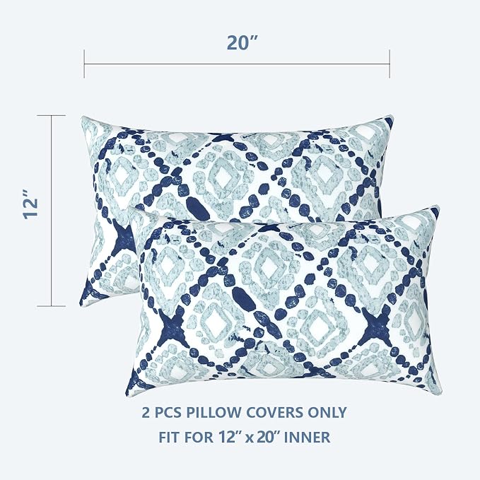 LVTXIII Outdoor/Indoor Lumbar Pillow Case Covers ONLY, 12" x 20" Patio Garden Decorative Lumbar Pillow Covers, Pack of 2 for Outdoor Home Patio Furniture Use - Boho Geometry Blue