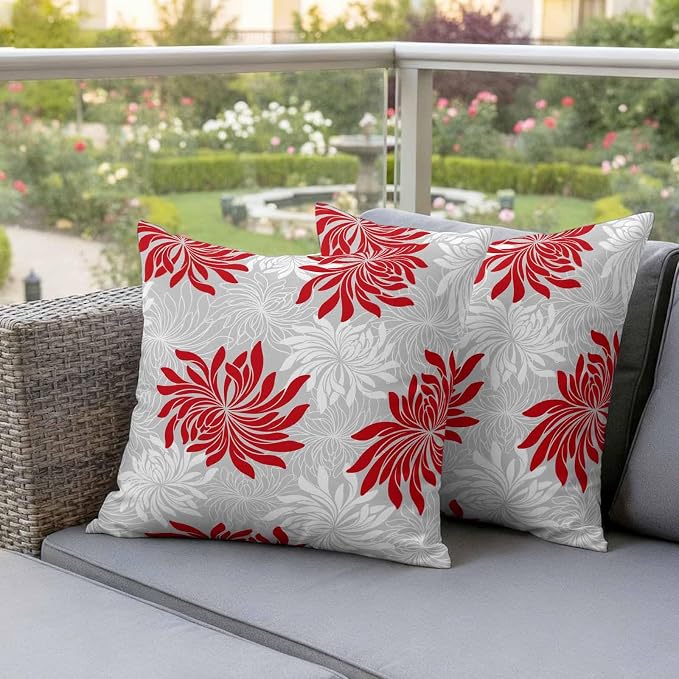 Red Grey Floral Outdoor Pillow Covers Set of 2 Vintage Red White Grey Flower Waterproof Throw Pillow Cover Decorative Cushion Cases for Patio Porch Garden 20X20 Inch