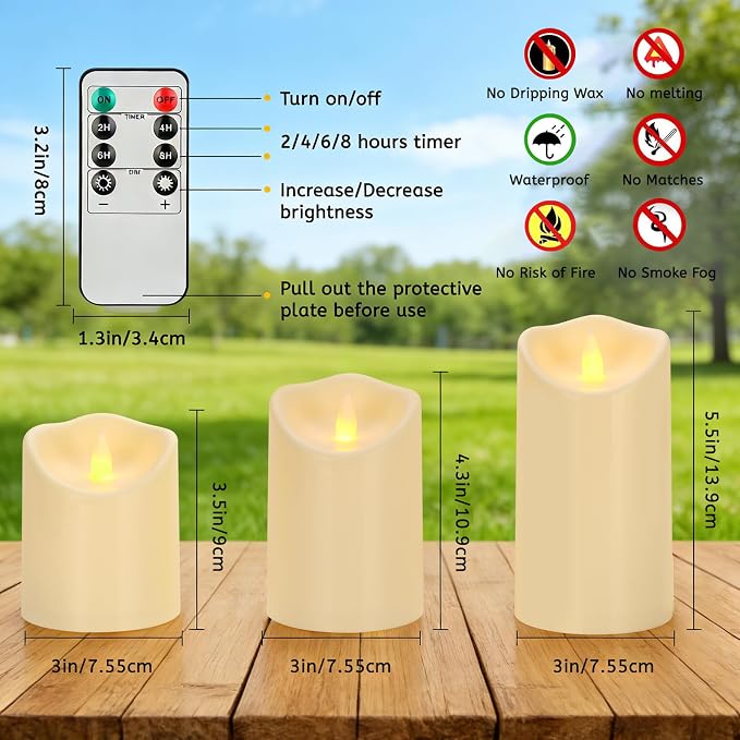 Outdoor Indoor Flameless Candles, Patented 3D Dual-LED, Set of 3 Slanted Top Durable Plastic Pillars with Remote, Table Centerpiece for Living Room Shelf, Non-Melting Battery Candles (Ivory)