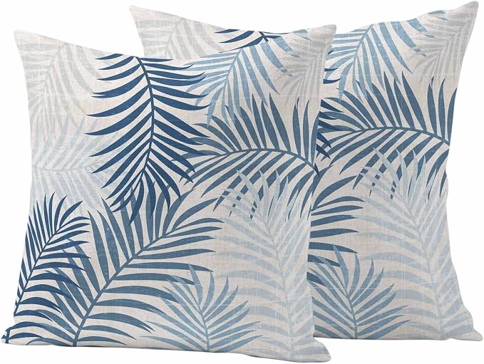 Outdoor Waterproof Throw Pillow Covers, Blue Grey Palm Leaves Decorative Pillow Cases, Summer Botanical Tropical Leaf Couch Pillow Protector Patio Sofa Cushion Covers Replacement 18"x18" 2 Pack